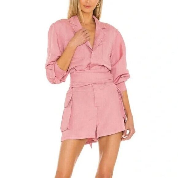REVOLVE Pants - NWOT REVOLVE L'Academie Eden pink Tie waist linen romper size US small